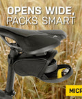 Micro Aero Wedge Seatpost Bag With Fixer F11 for 27.2 to 34.9 mm posts, black durable 1000D nylon, attached to a bicycle seat