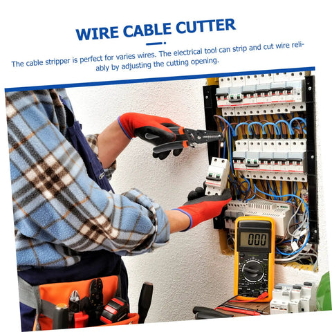 Slick Electrical Wire Stripper And Cable Cutter Pliers With Quick Grip Handles For Awg Cords in use on electrical panel.