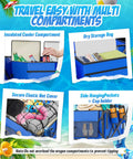 Blue Heavy Duty Folding Wagon For Sand And Outdoors, 350 Lb Capacity, with cooler bag, storage pockets, and elastic net cover.