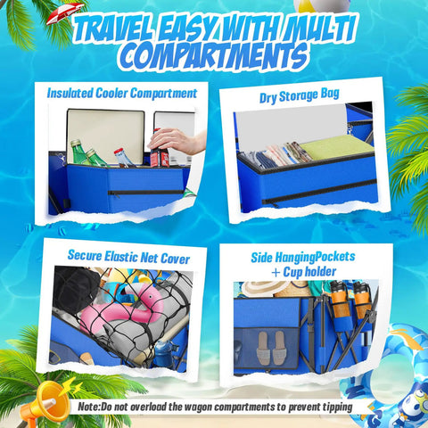 Blue Heavy Duty Folding Wagon For Sand And Outdoors, 350 Lb Capacity, with cooler bag, storage pockets, and elastic net cover.