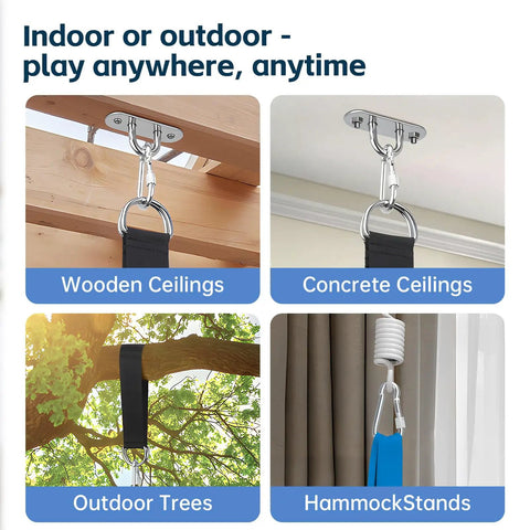 Indoor Outdoor Sensory Pod Swing Chair hanging options on wood, concrete, trees, hammock stands
