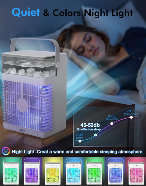 Portable Evaporative Mini AC with colorful night light by bedside, quiet operation, ideal for bedroom use.