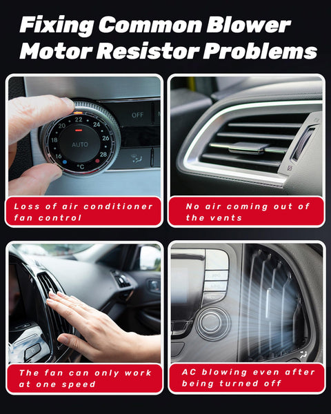 Ford HVAC Blower Motor Resistor for F150 F250 F350 F450 F550 Super Duty and More, showing blower issues like AC control and vent problems.