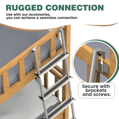 Lightweight Aluminum RV Bunk Ladder With 4 Steps, 3 Fixed Height Settings (59.5, 60.5, 61.5 Inches), Anti-Slip Rungs For Safety, Easy Pre-Assembled Install, Perfect For Bunk Beds, Campers, Dorms, And Kids Rooms. attached to bunk bed with brackets