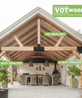 Outdoor space with wooden beams and VOTWOOFV horizontal connection bracket labeled; includes 3-way T-shaped pergola bracket view.