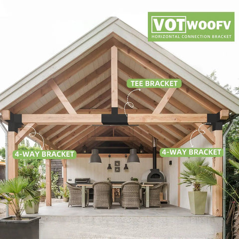 Outdoor space with wooden beams and VOTWOOFV horizontal connection bracket labeled; includes 3-way T-shaped pergola bracket view.