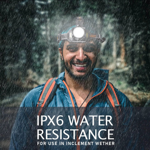 Person wearing Beast Mode 90000 Lumen Rechargeable Headlamp With Nine Modes, Adjustable Zoom Focus, waterproof under rain.