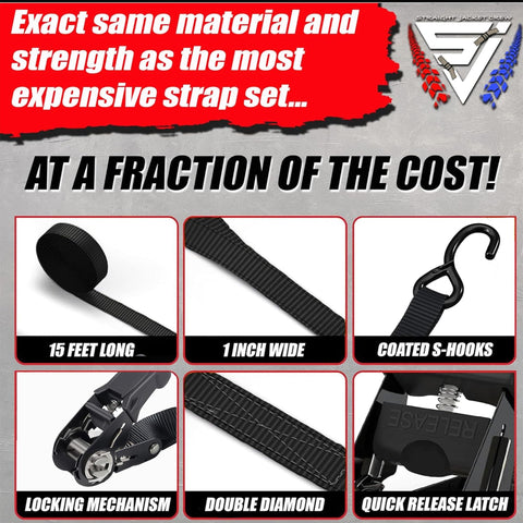 Heavy Duty Ratchet Tie Down Straps 4 Pack, 1 Inch By 15 Feet, 1,823 Pounds Break Strength, With Hooks And Handles, Built For Moving And Securing Cargo, Black