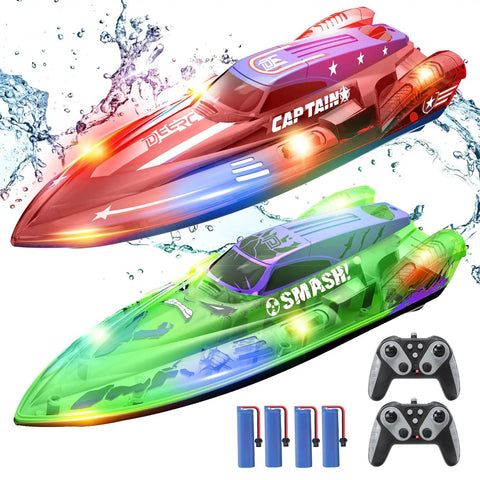 Two Pack 13 Inch Remote Control Boats With LED Lights 2 4Ghz RC Race Boats For Pools And Lakes Kid Friendly Fun For Boys 8 To 12 Includes Extra Batteries And Easy USB Charging displayed with two remotes and extra batteries, showing red and green designs.