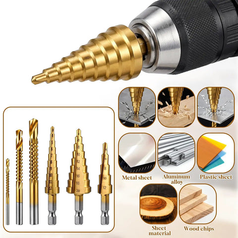 Six Piece Step Drill Bit Set Titanium Coated High Speed Steel Drill Bits For Wood Plastic Aluminum And Thin Metal Sheets