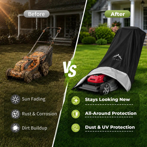Badass Heavy Duty Waterproof Push Lawn Mower Cover Universal Fit With Double Stitched 600D Oxford Cloth protects against rust and dirt.