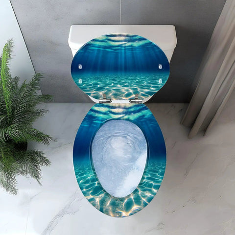 Elongated Toilet Seat Resin for Bathroom with ocean wave design, fitting standard toilet shapes, bright blue tones.