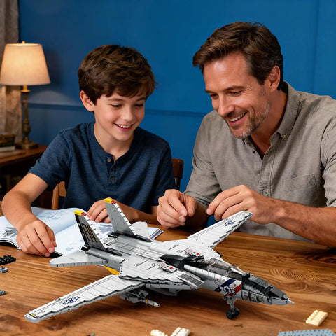 Father and son building F14 Fighter Jet Building Kit For Adults Dope Realistic Military Aircraft Model at home