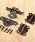 Old School Vibe Antique Retro Hasp Lock Buckle Eye Latch Set With Bronze Hardware, Wooden Box, hinges, screws displayed