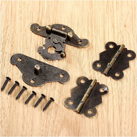 Old School Vibe Antique Retro Hasp Lock Buckle Eye Latch Set With Bronze Hardware, Wooden Box, hinges, screws displayed