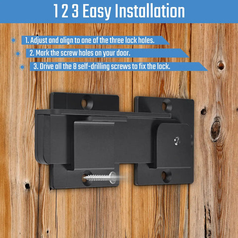 Seven Point Five Inch Flip Gate Latch Lock With Padlock Holes 2 Pack on wooden fence showing screw installation.