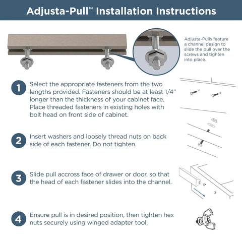 Installation instructions for 5 Pack Adjustable Drawer Pulls In Champagne Bronze For 2 To 8 13/16 Inch Hole Centers With Classic Curve Design