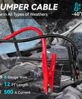 All In One Car Emergency Safety Kit With Portable Air Compressor Jump Cables First Aid Kit Tire Pressure Gauge Flashlight And More Roadside Gear For Women Men Teens Travel Ready jumper cables attached to car battery