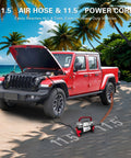 Red Jeep with hood open on beach using 6X Faster Inflation Digital Dual Cylinder Portable Air Compressor 12V Metal Tire Inflator