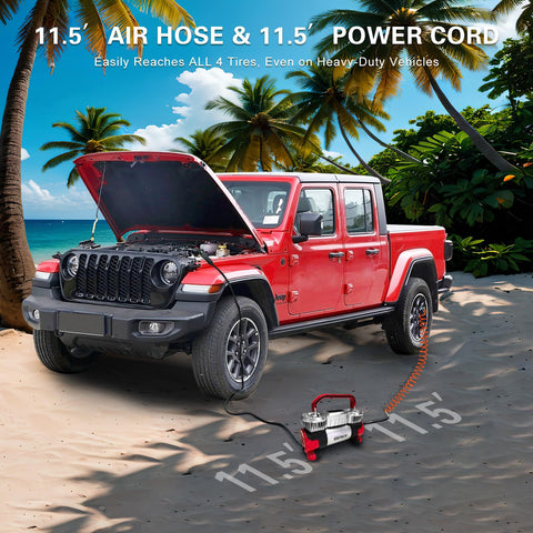 Red Jeep with hood open on beach using 6X Faster Inflation Digital Dual Cylinder Portable Air Compressor 12V Metal Tire Inflator