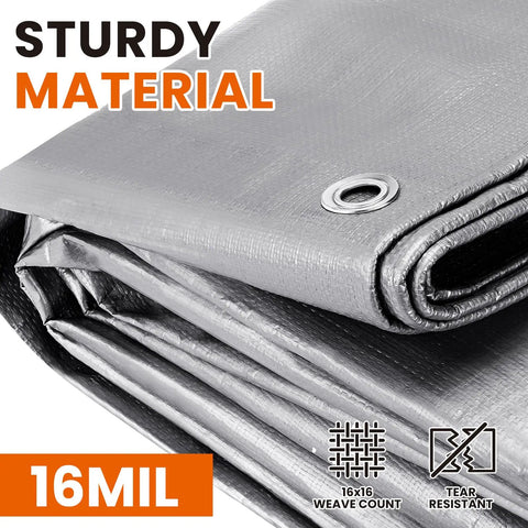 Beefy All Weather Heavy Duty Waterproof Tarp 16 Mil Thick, 10x12 Feet, Reversible Poly Tarp with Grommets, UV Resistant