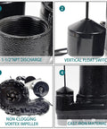 Heavy Duty Cast Iron Submersible Sump Pump 1/2 HP 3600 GPH with Vertical Float Switch, 1 1/2 Inch NPT Discharge, close-up details