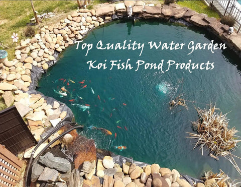 Aerial view of koi pond with stones and plants, promoting top quality koi fish pond products.