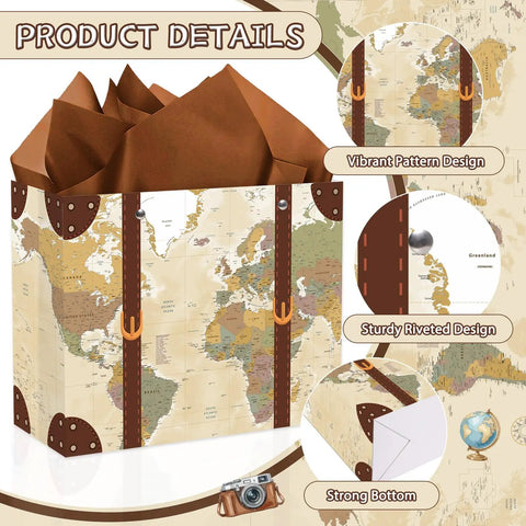 13 Inch Large Vintage Map Suitcase Gift Bag Set With Brown Tissue Paper Envelope And World Map Card For Retirement Travel Farewell Gifts, open-top view