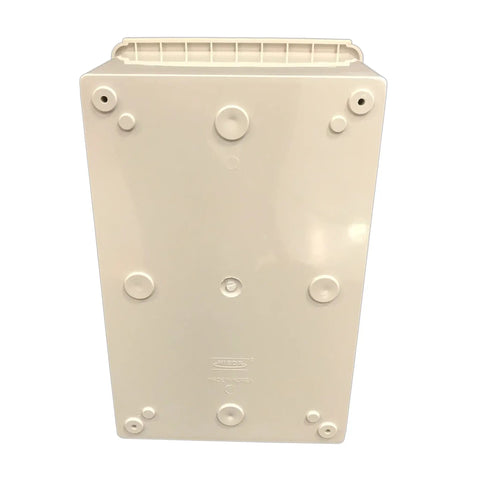 Heavy Duty NEMA 4X Plastic Electrical Enclosure 12 By 8 Inch Light Gray Bottom view with mounting points visible.