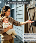 Smooth Operator OneHand PopUp Gate Latch With Secret Combo Lock AND Keyless Weatherproof Rustproof Heavy Duty Fence Hardware For Wood Or Vinyl Backyard Gates That Hold Fast in use by a woman holding a baby.