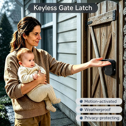 Smooth Operator OneHand PopUp Gate Latch With Secret Combo Lock AND Keyless Weatherproof Rustproof Heavy Duty Fence Hardware For Wood Or Vinyl Backyard Gates That Hold Fast in use by a woman holding a baby.