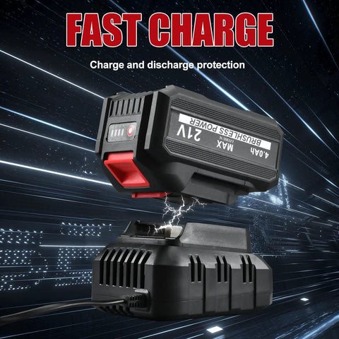 Fast charger with 4Ah battery for 21 Volt Cordless Half Inch Drive Impact Wrench With Brushless Motor Maximum Torque 450 Foot Pounds Up To 3800 Impacts Per Minute And 2100 RPM.