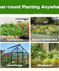 Year Round Seed Bank For Zone 9 Gardeners With 32 Non GMO Heirloom Seeds Of Vegetables Herbs And Fruits Survival Kit image showcasing planting methods including hydroponics, raised garden bed, greenhouse, and windowsill.
