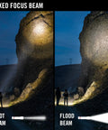 Comparison of spot and flood beam from 2000 Lumen IP68 Waterproof USB Rechargeable Dual Power Headlamp illuminating rock wall