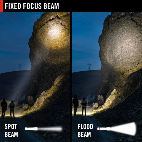 Comparison of spot and flood beam from 2000 Lumen IP68 Waterproof USB Rechargeable Dual Power Headlamp illuminating rock wall