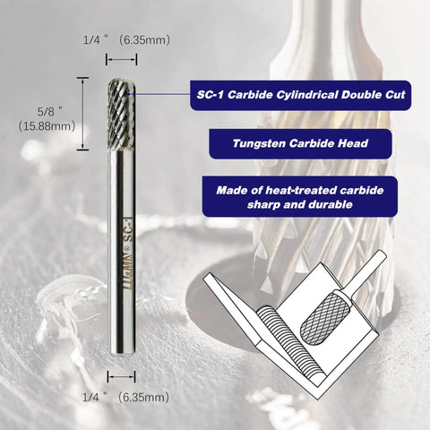 Image of Pro Grade Solid Carbide Rotary Burr with 1/4 Inch Shank, 5/8 Inch Cutting Length, SC-1 Double Cut, ideal for deburring.
