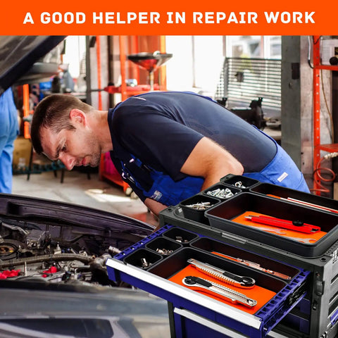 Mechanic using 47 Piece Tool Drawer Organizer Set in Orange for Rolling Tool Chest Cabinet Built Tough