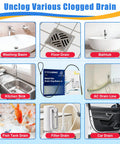 Heavy Duty 30 Inch Drain Snake 5 Pack With Rust Resistant Steel Core And Bendy Nylon Sleeve To Yank Gnarly Hair Clogs And Gunk Straight Out Of Shower Pipes Quick And Easy shown in various drain types.