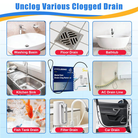 Heavy Duty 30 Inch Drain Snake 5 Pack With Rust Resistant Steel Core And Bendy Nylon Sleeve To Yank Gnarly Hair Clogs And Gunk Straight Out Of Shower Pipes Quick And Easy shown in various drain types.