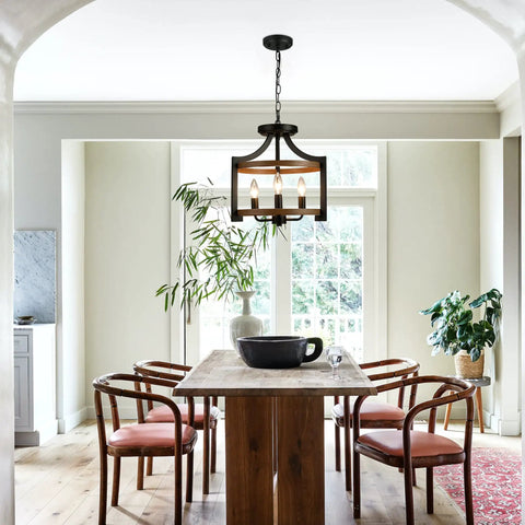 Convertible Rustic Ceiling Light Do It All Semi Flush Mount Or Pendant Farmhouse Style for Kitchen and Dining Rooms, sand black and wood finish.