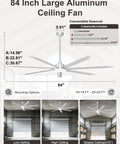 Top Shelf 84 Inch Industrial Ceiling Fan With Seven Heavy Duty Blades And Integrated Overhead Light Pumping Out 11000 Cfm For Shops Garages And High Ceilings In Classic Silver on display with downrod options.