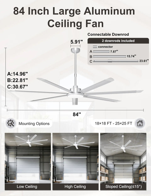 Top Shelf 84 Inch Industrial Ceiling Fan With Seven Heavy Duty Blades And Integrated Overhead Light Pumping Out 11000 Cfm For Shops Garages And High Ceilings In Classic Silver on display with downrod options.
