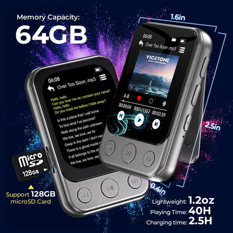 64GB Clip MP3 Player With Bluetooth 5.3 And Built In Speaker, 2 Inch IPS HD Touchscreen Plus Physical Buttons for easy navigation