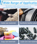 Image showing applications for Heavy-Duty Pro Grade Triple Roll Mill Grinder Machine 220V With 3.94 x 9.84 Inch Metal Rollers Ultra-Fine 3-18 Micrometers Fineness For Grinding Paint Ink Pigment Cosmetics Soap Paste In Lab And Industry, including cable raw materials, synthetic leather plastic, soap raw materials, and lead core raw materials.