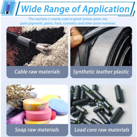 Image showing applications for Heavy-Duty Pro Grade Triple Roll Mill Grinder Machine 220V With 3.94 x 9.84 Inch Metal Rollers Ultra-Fine 3-18 Micrometers Fineness For Grinding Paint Ink Pigment Cosmetics Soap Paste In Lab And Industry, including cable raw materials, synthetic leather plastic, soap raw materials, and lead core raw materials.