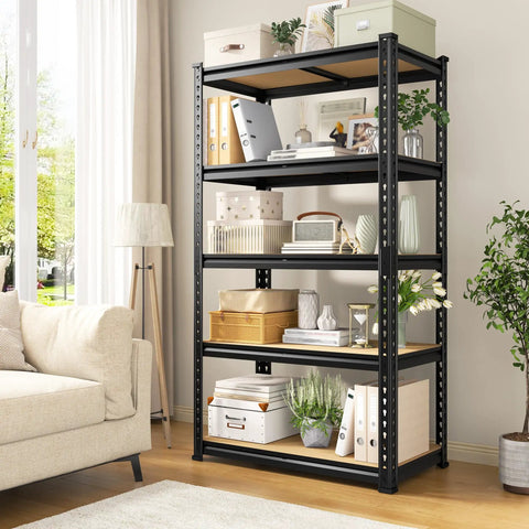 Two Pack Beefy 5 Tier Storage Shelves For Garage And Home, industrial steel shelving in living room with storage boxes