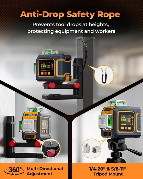 Green Laser Level With Three 360 Degree Coverage, showing mounting options and anti-drop safety rope.