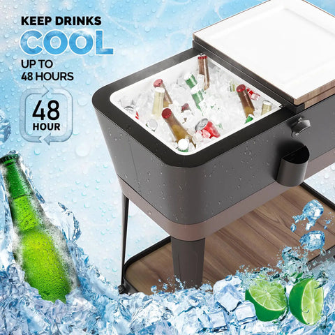 80 Quart Rolling Patio Cooler Cart With Blackboard, Built In Bottle Opener, filled with ice and bottles, top view, outdoor use.