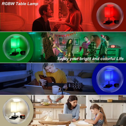 RGBW Touch Lamp With USB Port And AC Outlet, 4 Color Mood Nightstand Light for Bedroom, showing red, green, blue, and white modes.