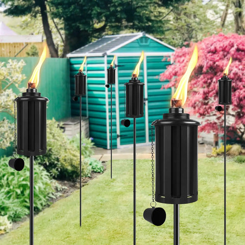 Citronella Outdoor Torches Set of 6 with 16 Ounce Fuel, 58 Inch Black Garden Lanterns on a Sturdy 3 Prong Ground Stake, perfect for backyards